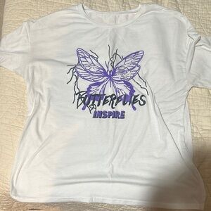 SHEIN White and Purple Butterfly Tee Short Sleeve